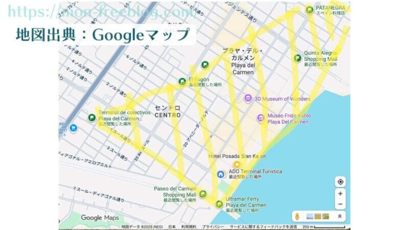治安ガイド:プラヤデルカルメン中心部および5番街の地図(※地図はGoogleマップを一部加工して作成)